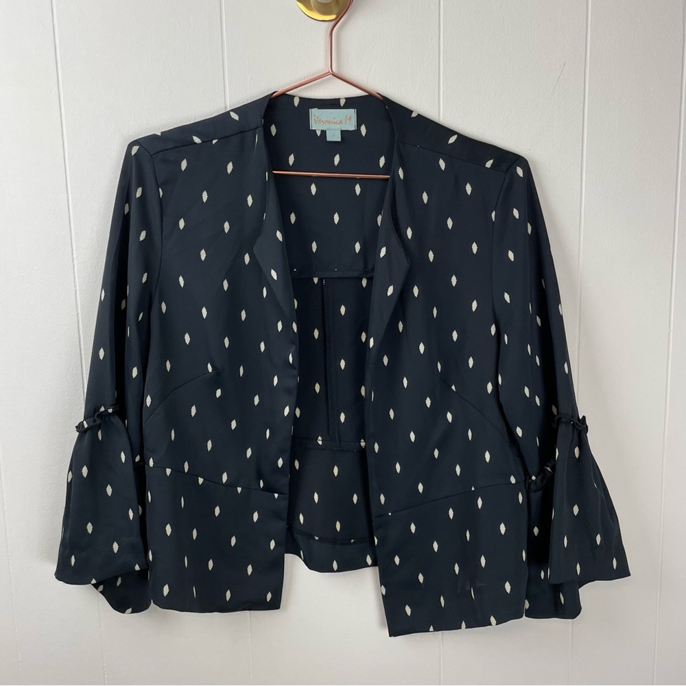 Veronica M. Navy Blue Print 3/4 Bell Sleeve Open-Front Top